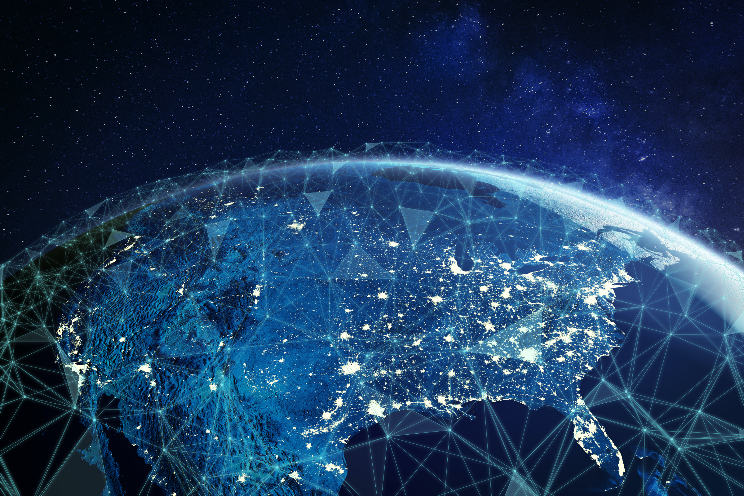 Blue connected network of lines above globe viewed from space
