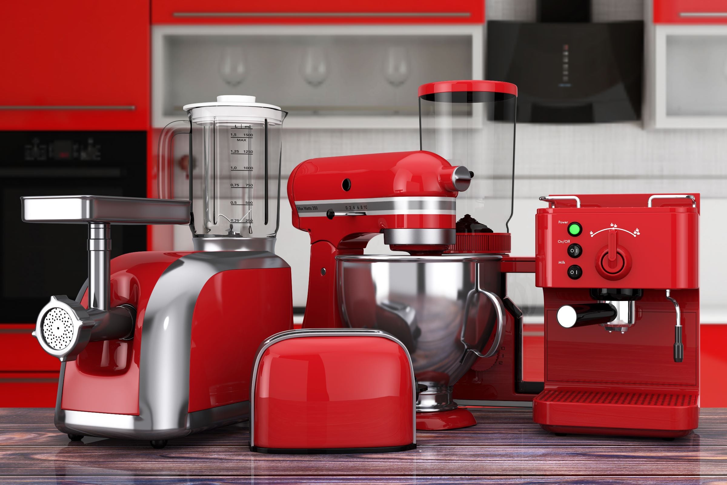 Kitchen Appliances Set. Red Blender, Toaster, Coffee Machine, Meat Ginder, Food Mixer and Coffee Grinder.