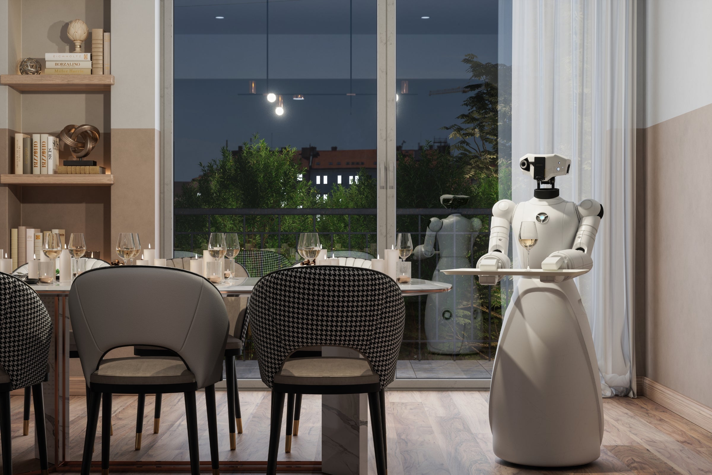 Robot assistant standing with serving tray in living room.