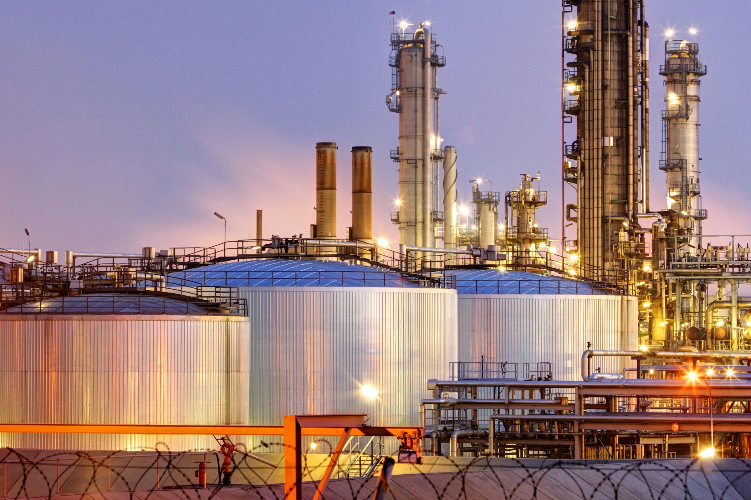 Oil refinery at dusk