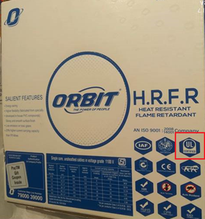 Orbit HRFR Cable packaging containing unauthorized UL Mark