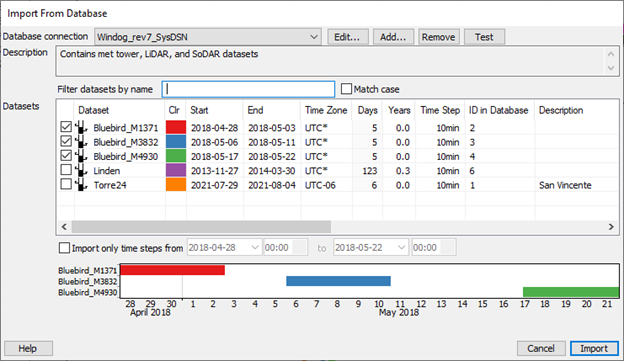 Windographer Import From Database window