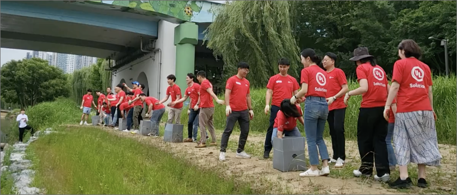 Line of UL Solutions employees alongside a river