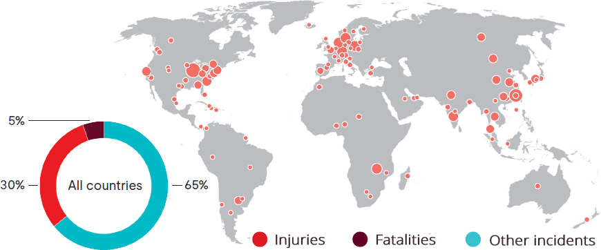 Map of the world showing lithium-ion battery incidents