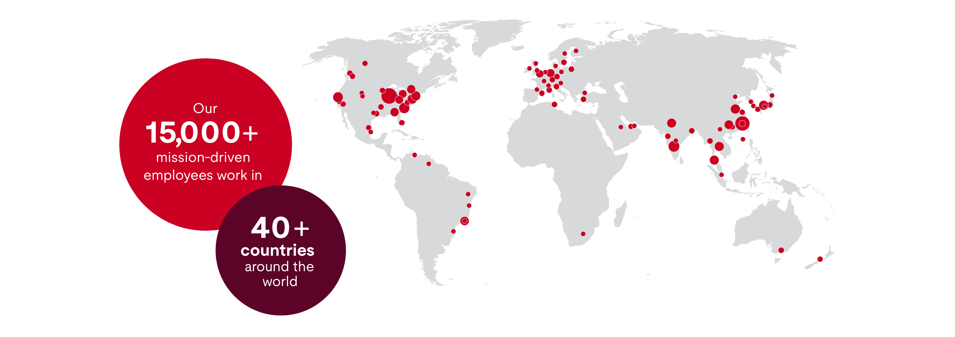 World map showing 15,000+ employees
