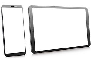 Black smartphone and tablet with white screens on a white background