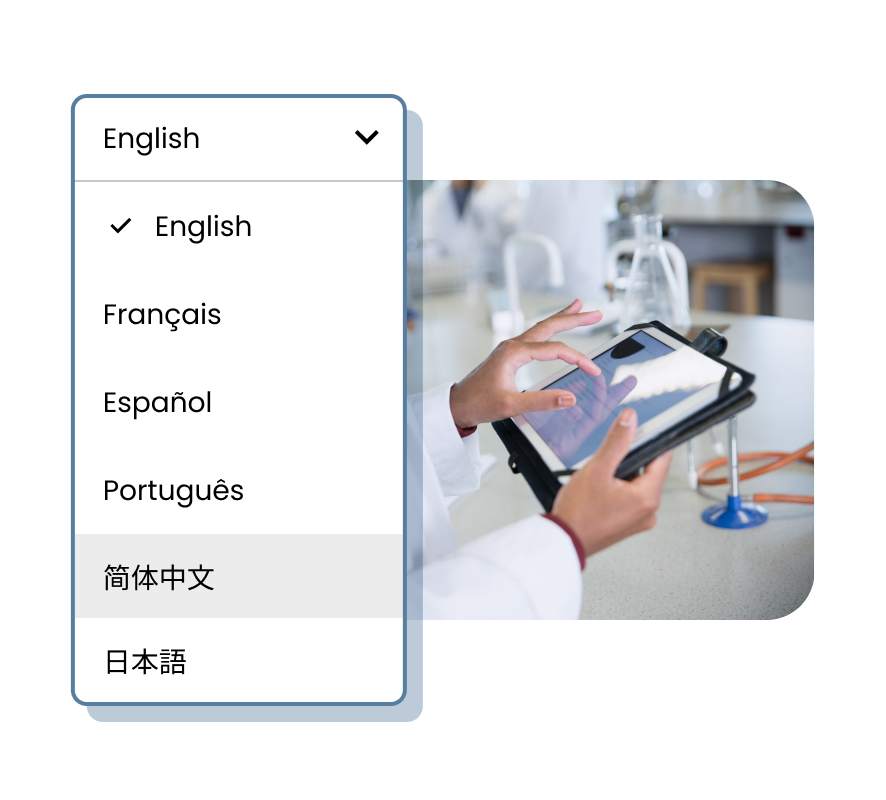 Person using their tablet to select their preferred language from a dropdown menu