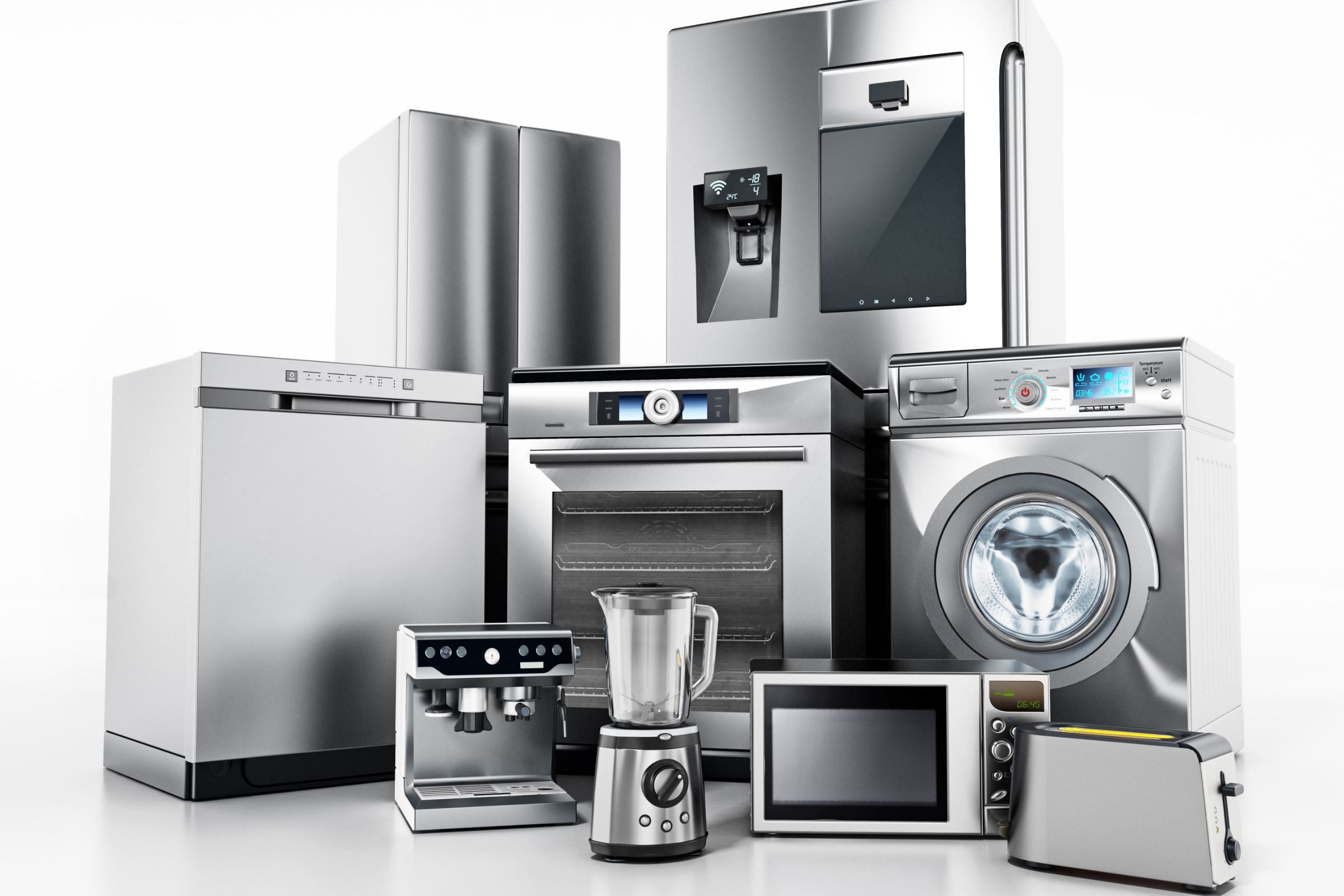 Set of contemporary house appliances isolated on white.
