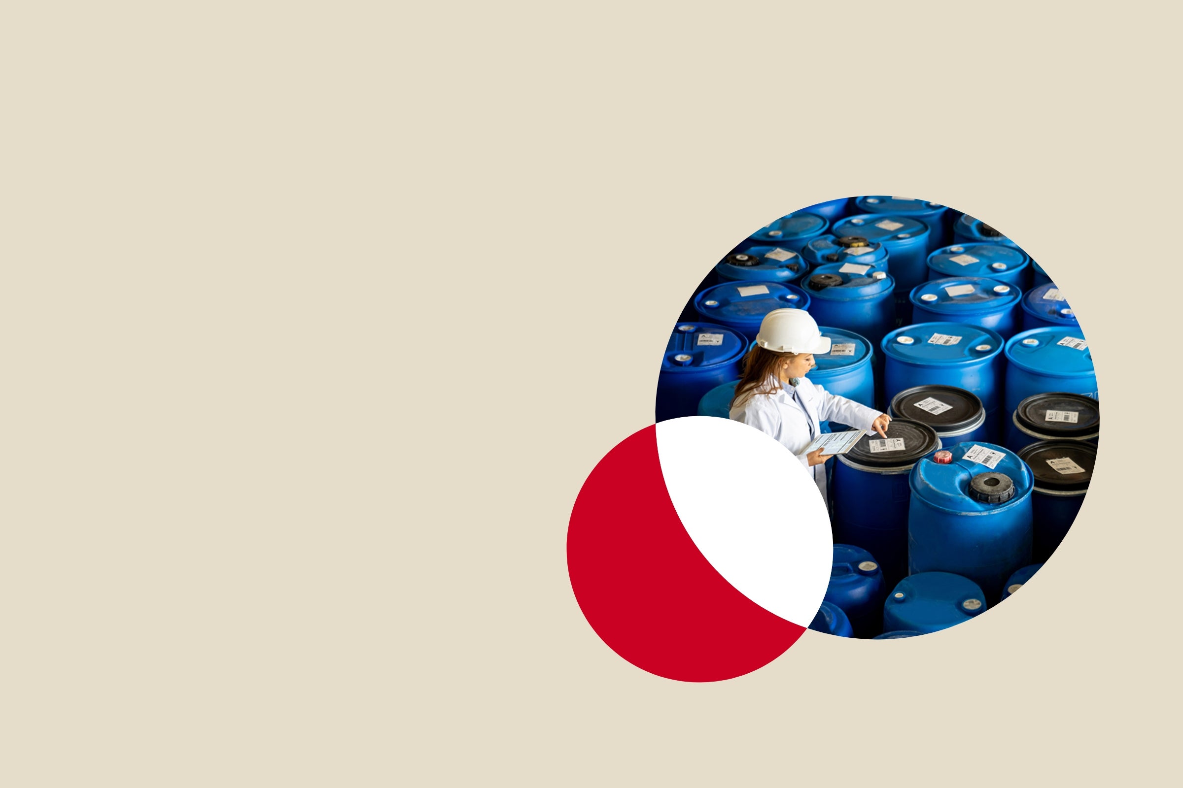 Person conducting inventory on blue barrels