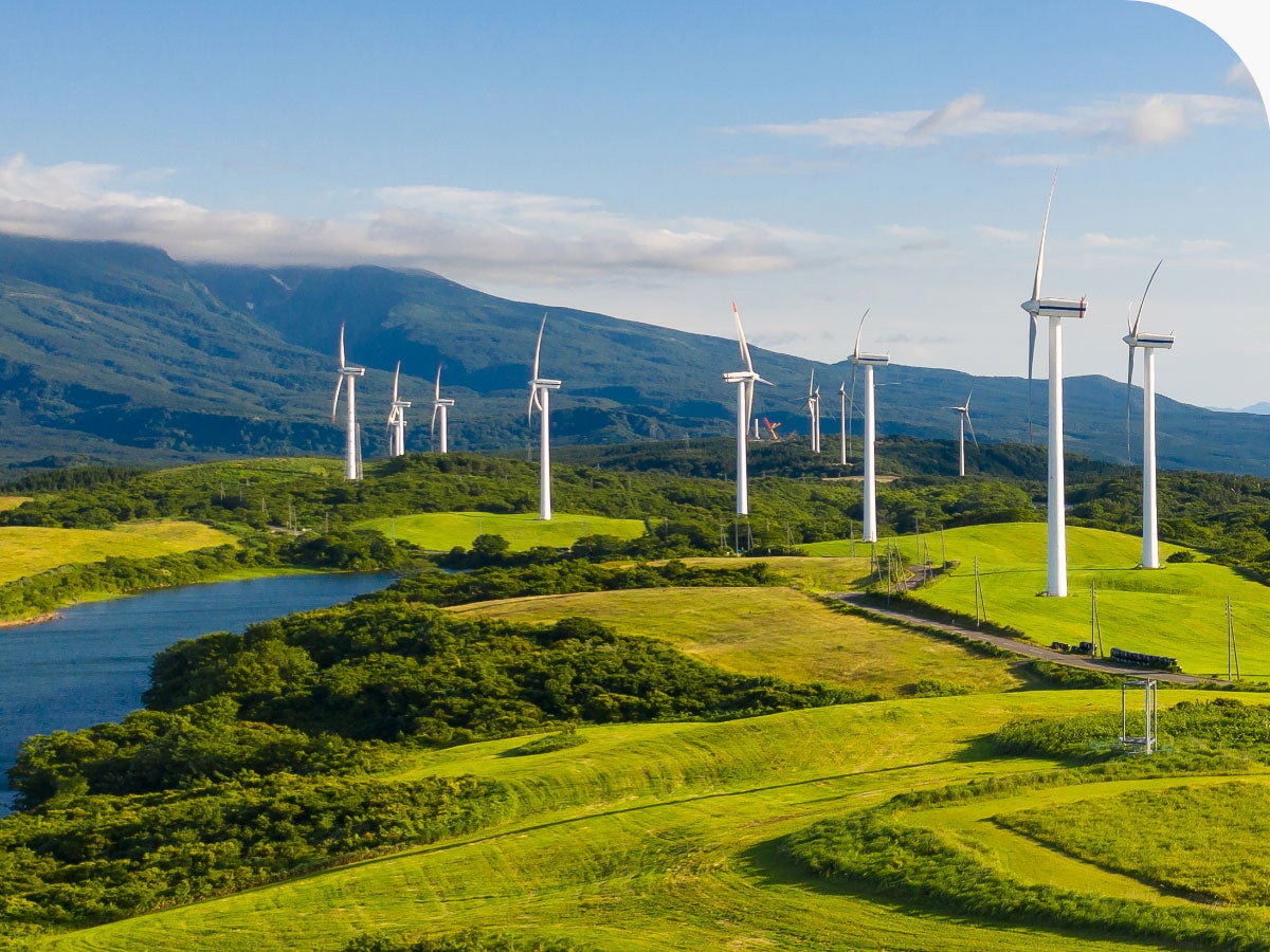 Wind turbines across a green valley