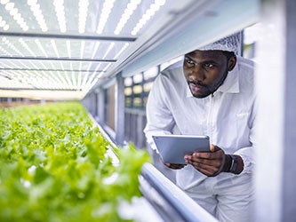 A farm worker taking notes