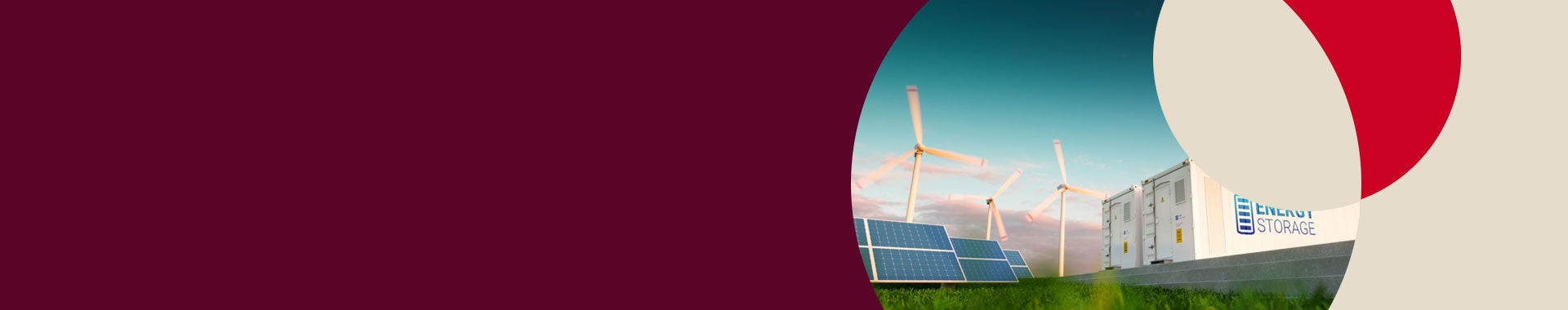Energy storage power station next to a solar panels an wind turbines