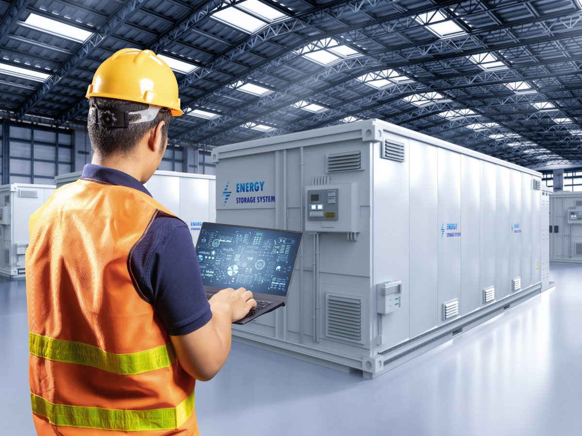 Engineer working with a tablet and checking battery storage unit