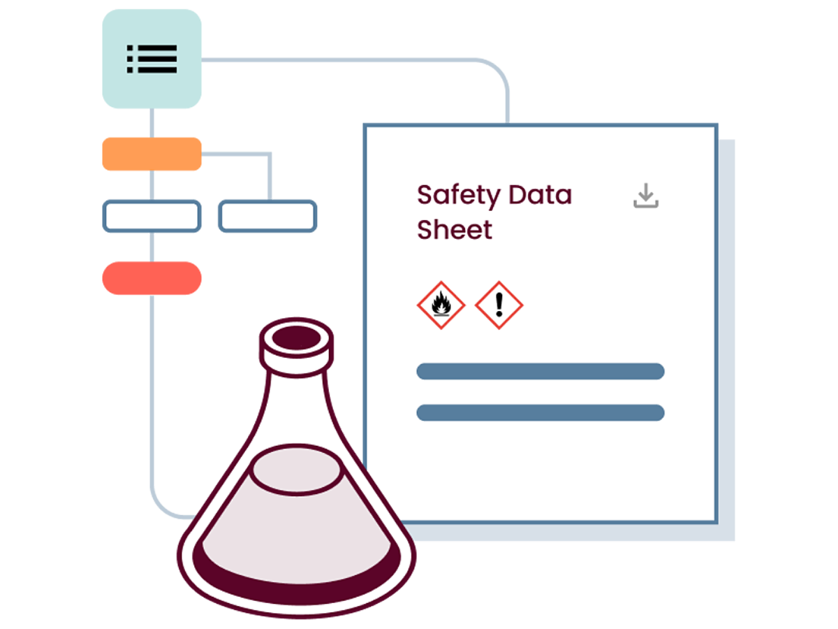 Illustrative image of a safety data sheet and chemical flask.