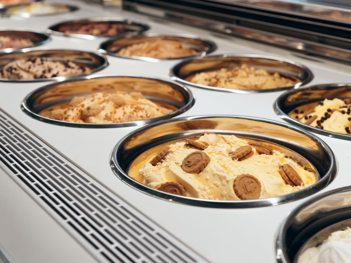 Ice cream in a refrigerated case in an ice cream shop