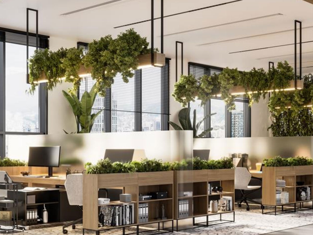 Coworking office interior with overhanging plants on top of lighting fixtures