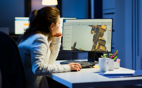Industrial engineer studying prototype idea on pc showing cad software on device display