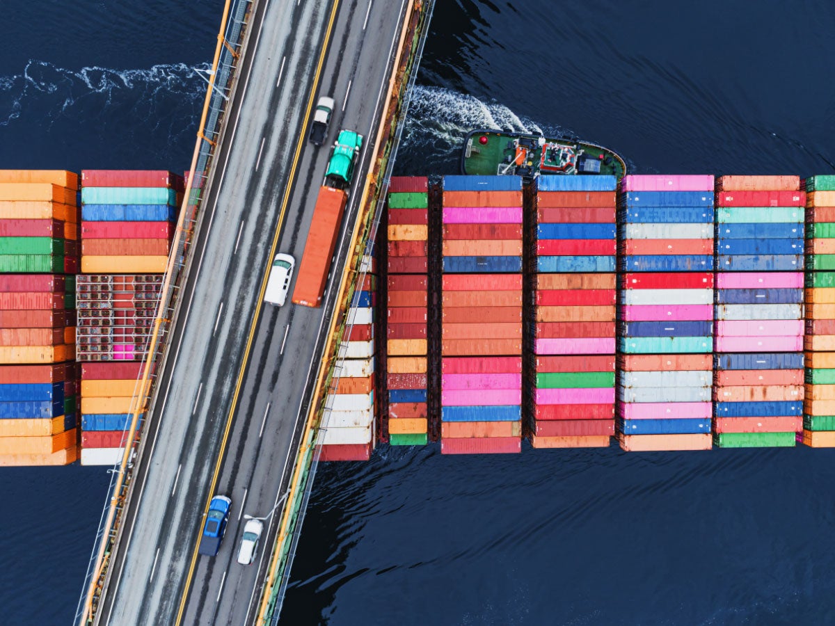 A container ship passes beneath a suspension bridge