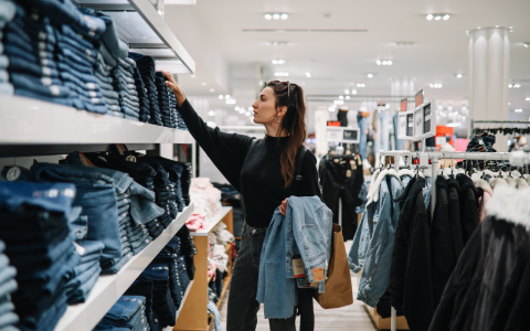 Person shopping for denim jeans in a clothing store