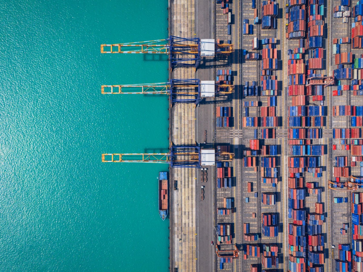 Aerial view of containerized cargo handling and freight transportation
