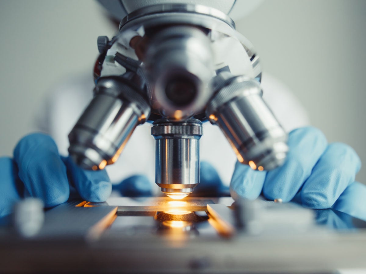 Closeup of a lab scientist using a microscope