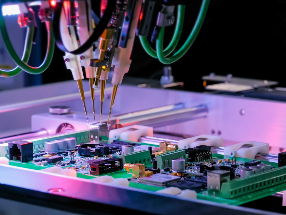 Automated machine assembling a green circuit board with probes and cables in a high-tech setting.