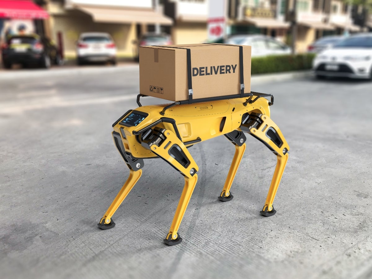 A small robot delivering a package