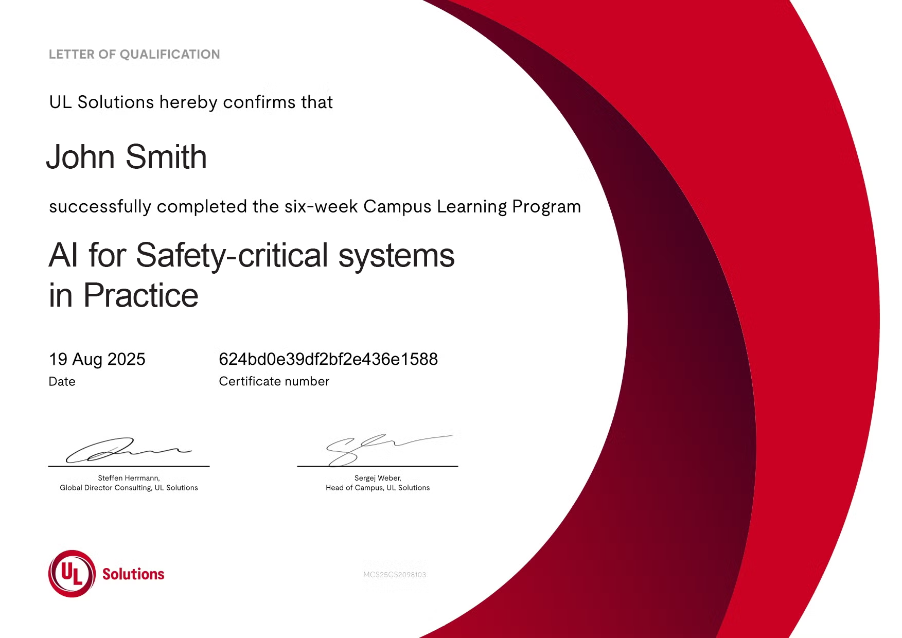 AI in Practice letter of qualification example