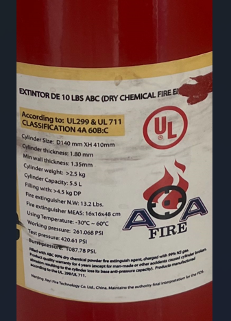 AA Fire Dry Chemical Fire Extinguisher that bears an unauthorized UL Certification Mark.