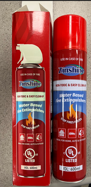 Zinshine Water Based Fire Extinguisher that bears an unauthorized UL Certification Mark for the United States and Canada.