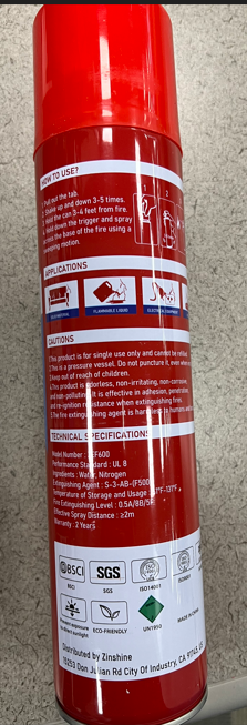 Zinshine Water Based Fire Extinguisher that bears an unauthorized UL Certification Mark for the United States and Canada.