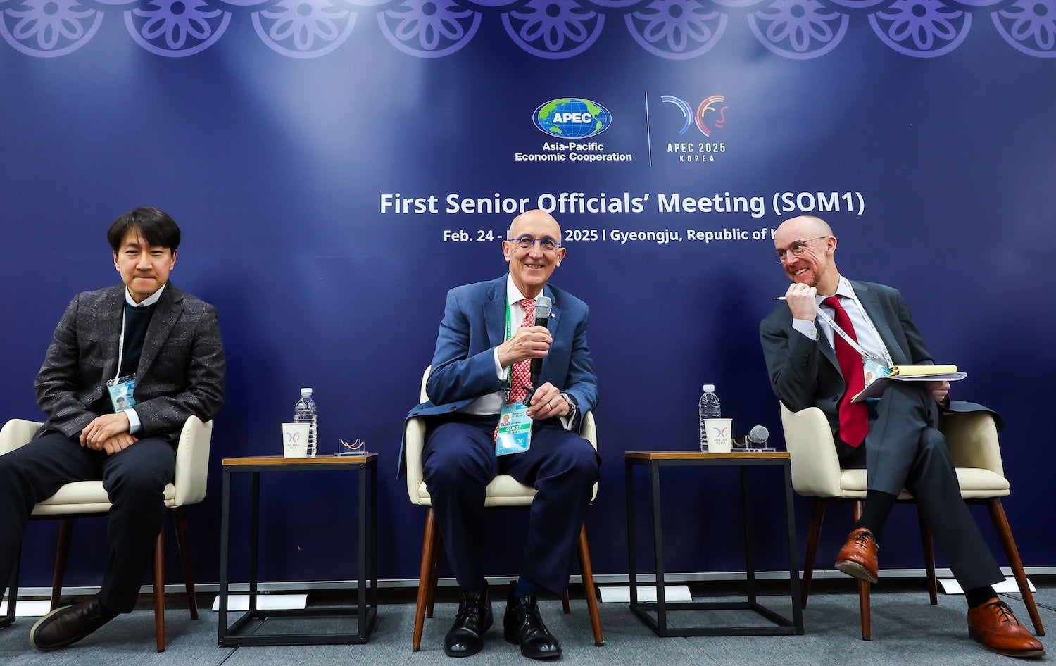 From left: Inki Choi, senior manager of strategy and marketing at Bloom Energy, Santiago Barcón, CEO of PQ Barcon, and Rick Ziegler, director of trade and multilateral affairs at UL Solutions, participate in the Feb. 24 panel “Successes and Challenges to Investment in DC Power and Microgrid Technologies.”