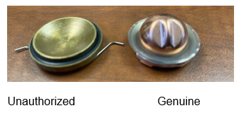 Unauthorized vs. genuine button assemblies.