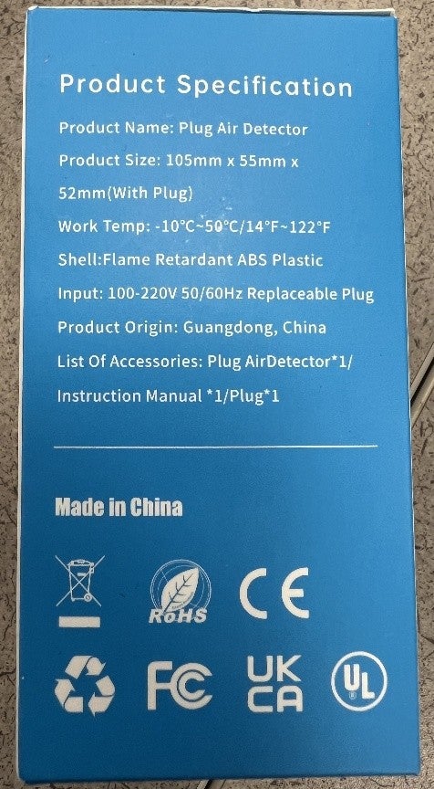 Carbon monoxide detector that bears an unauthorized UL Certification Mark.