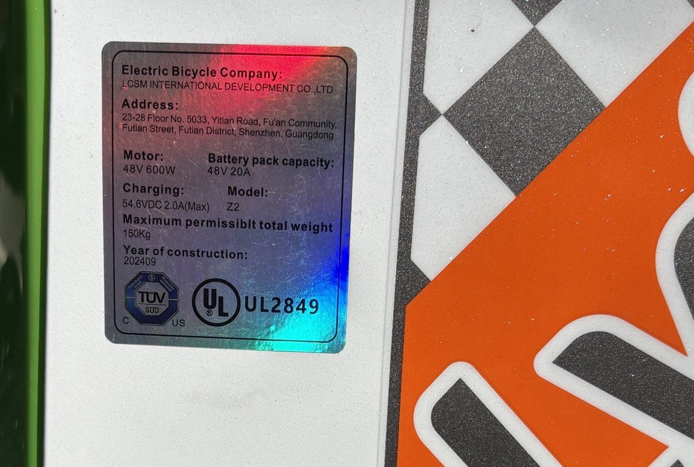 Unauthorized UL Label on electric scooter Model Z2