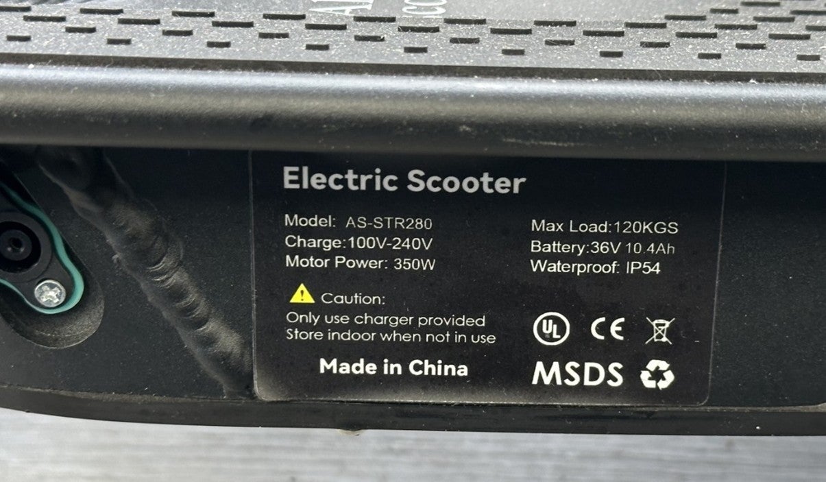 The label on the electric scooter model AS-STR280 bears an unauthorized UL Mark