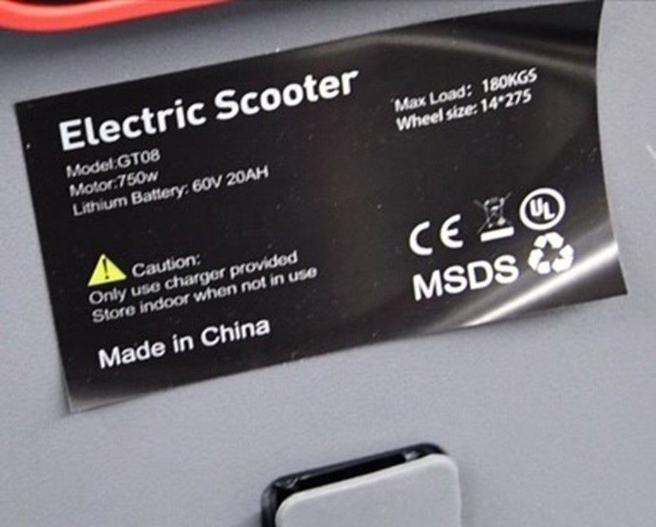 The label on the electric scooter model GT08 bears an unauthorized UL Mark