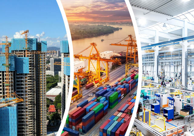 collage of buildings, industrial workplace and port