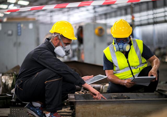 Two officers wearing gas masks, holding tablet and book, inspect the chemical spill