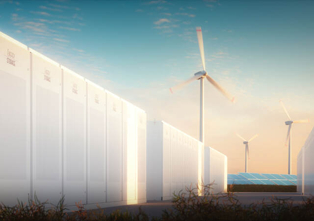 Battery storage, wind turbines and solar panels