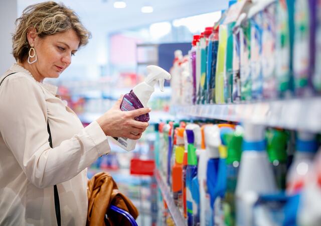 Person shopping for cleaning products.