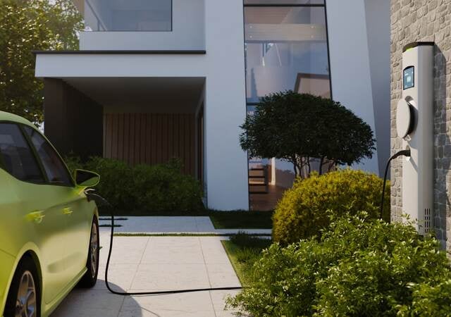 electric car charging in driveway of single family home