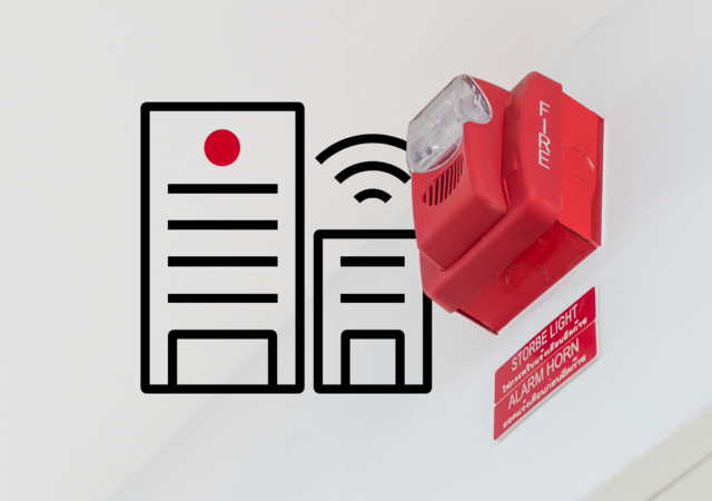 photo of fire alarm imposed on icon of smart building
