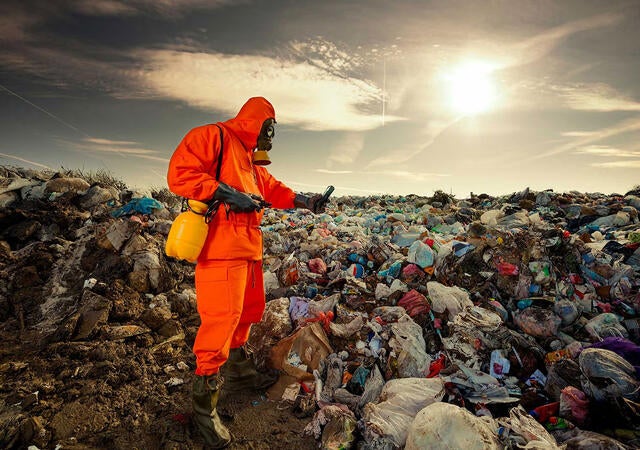 hazmat suited person working in a landfill