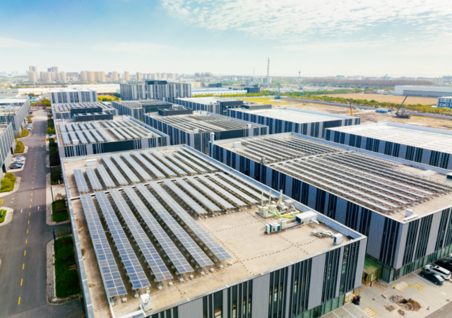 business park with solar panels on roofs