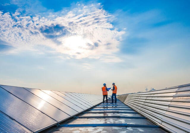 Two engineers inspecting solar panels