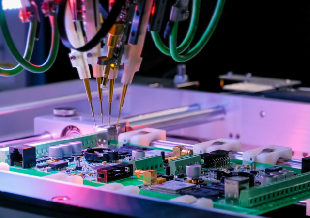 Automated machine assembling a green circuit board with probes and cables in a high-tech setting.