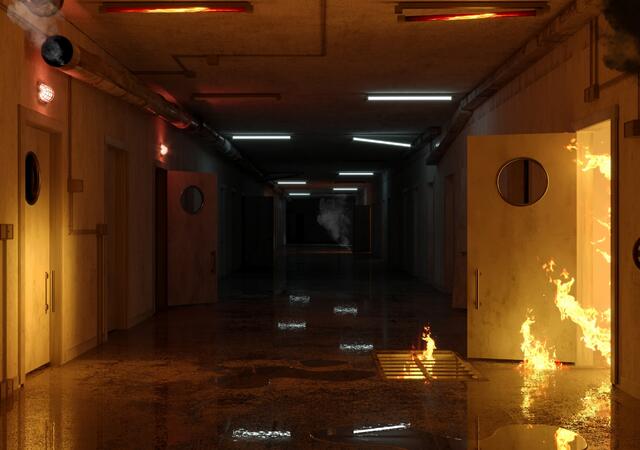 A fire spreading into an empty hallway