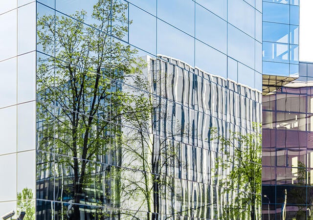 Trees reflecting in the glass of a modern skyscraper in a city