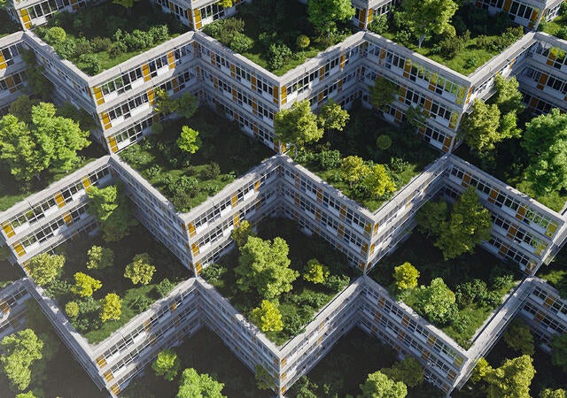 Multitiered building with green roof garden spaces